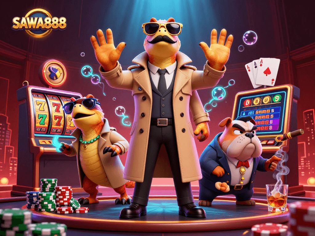 SAWA888 players explore slot machines and jackpots while three cartoon raptors attempt to enter a casino VIP section.