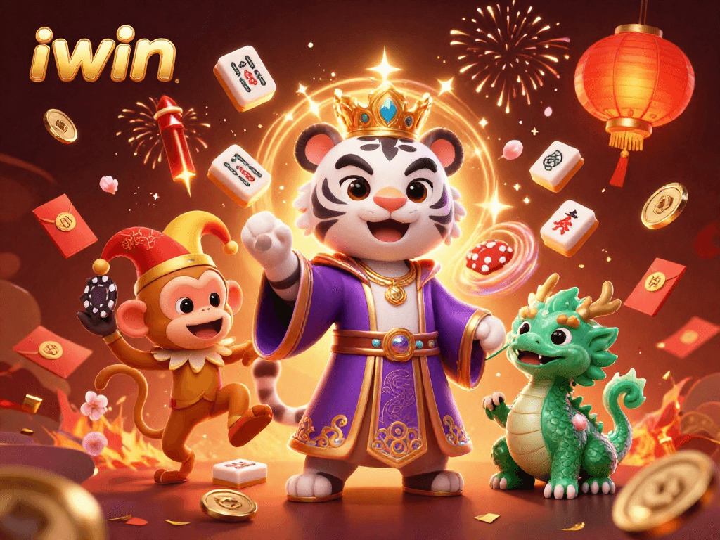 Engage with iwin in a vibrant casino scene featuring a white tiger and celebratory elements.