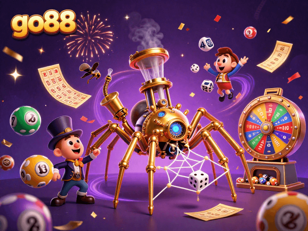 Join the excitement at go88 with a vibrant scene showcasing a steampunk spider and lottery elements.