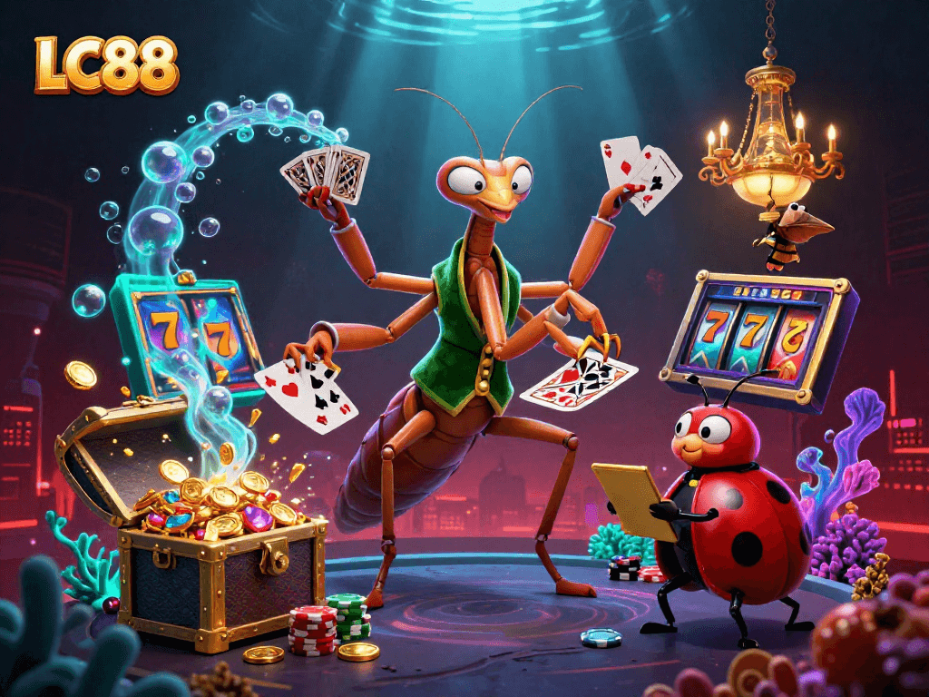 LC88 giant mantis dealer shuffling cards with ladybug boss in vibrant underwater casino