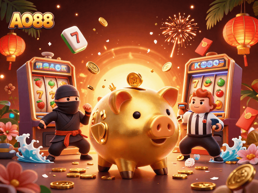 Experience the excitement of AO88 with dynamic casino action featuring vibrant characters and flying rewards.