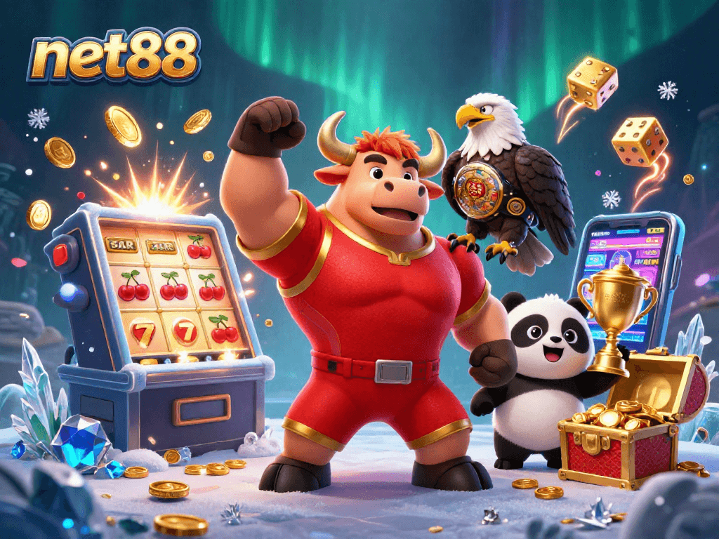 Experience net88 with a dynamic jackpot scene featuring animated casino elements and characters.