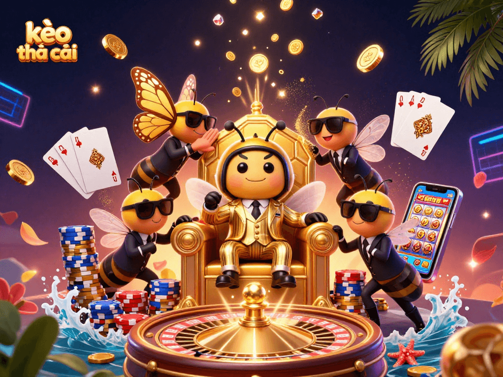 Bet on kèo nhà cái with the bumblebee mob boss amidst vibrant casino elements in 3D