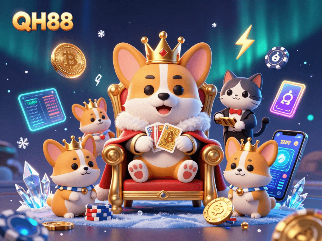 Win big with QH88! Royal corgi presides over poker chips with cryptocurrencies and vibrant gaming elements.
