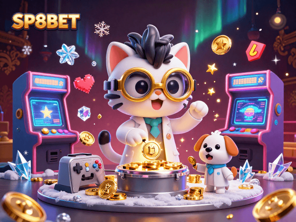 Experience SP8BET's thrilling online gaming with colorful arcade elements in a vibrant casino scene.