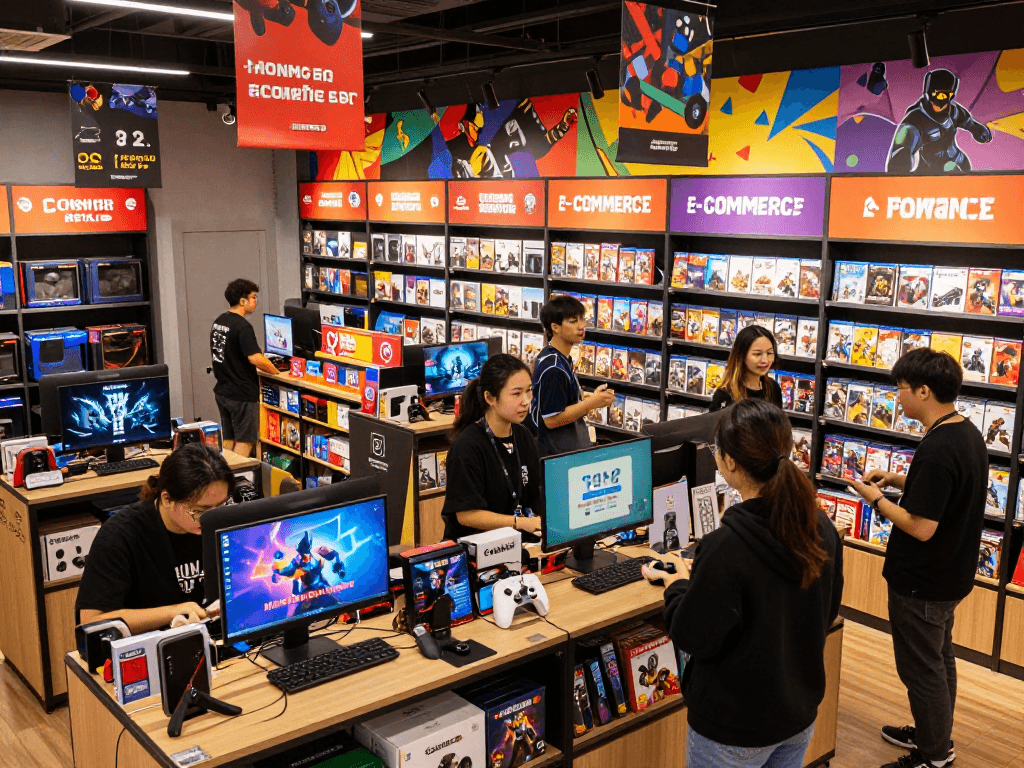 Customers engage with rokok88 login while exploring a vibrant gaming store.