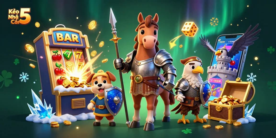 Kèo Nhà Cái 5 showcases a vibrantly detailed casino-themed scene with a knight and squire interacting amid exciting gaming elements.