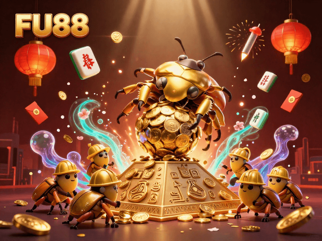 Engage in thrilling gameplay at FU88, where a golden dung beetle rolls coins amidst dazzling casino symbols.