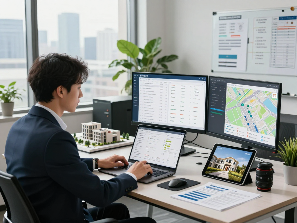 Professional reviewing IDXSTAR real estate data in modern office.