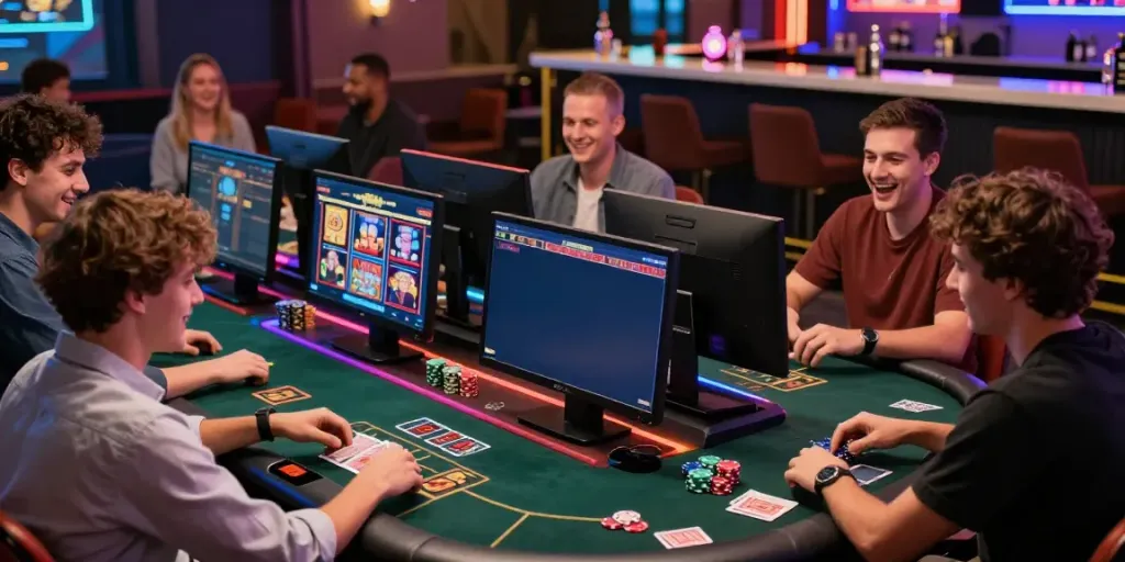 Friends enjoying a lively game night at a uk online casino not on gamstop