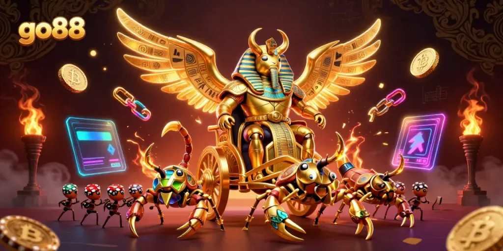 Engage in thrilling action with go88 casino games, featuring the majestic scarab beetle amid vibrant crypto elements.