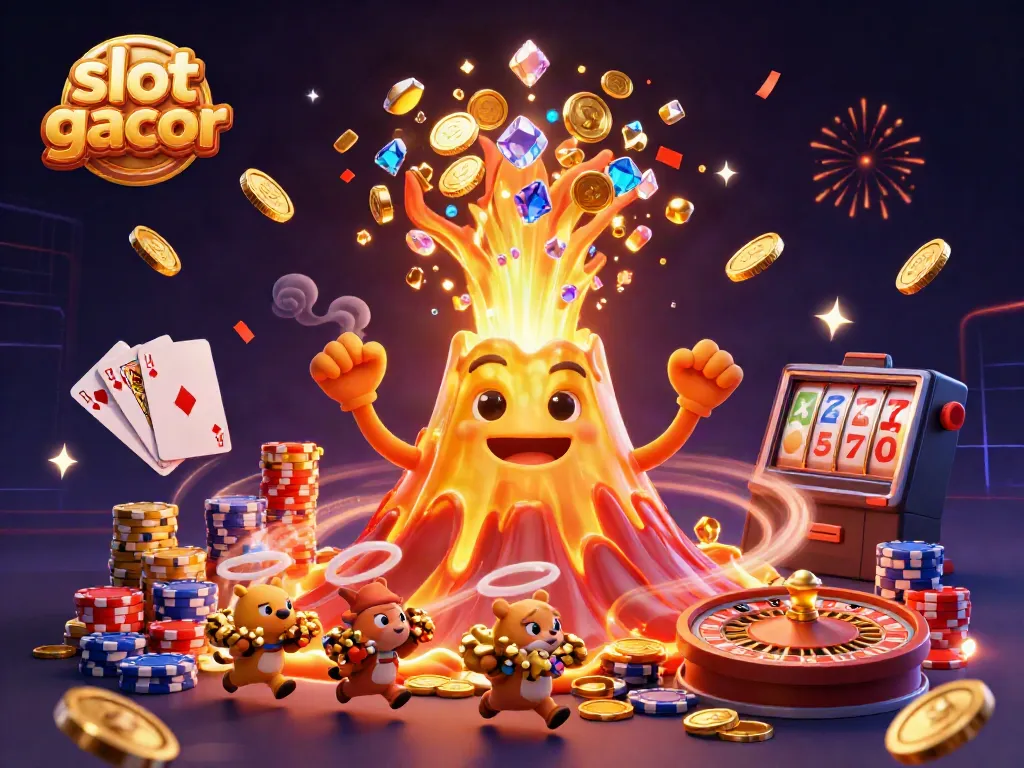 Experience the excitement of slot gacor with a vibrant volcano erupting treasure and animated casino elements.