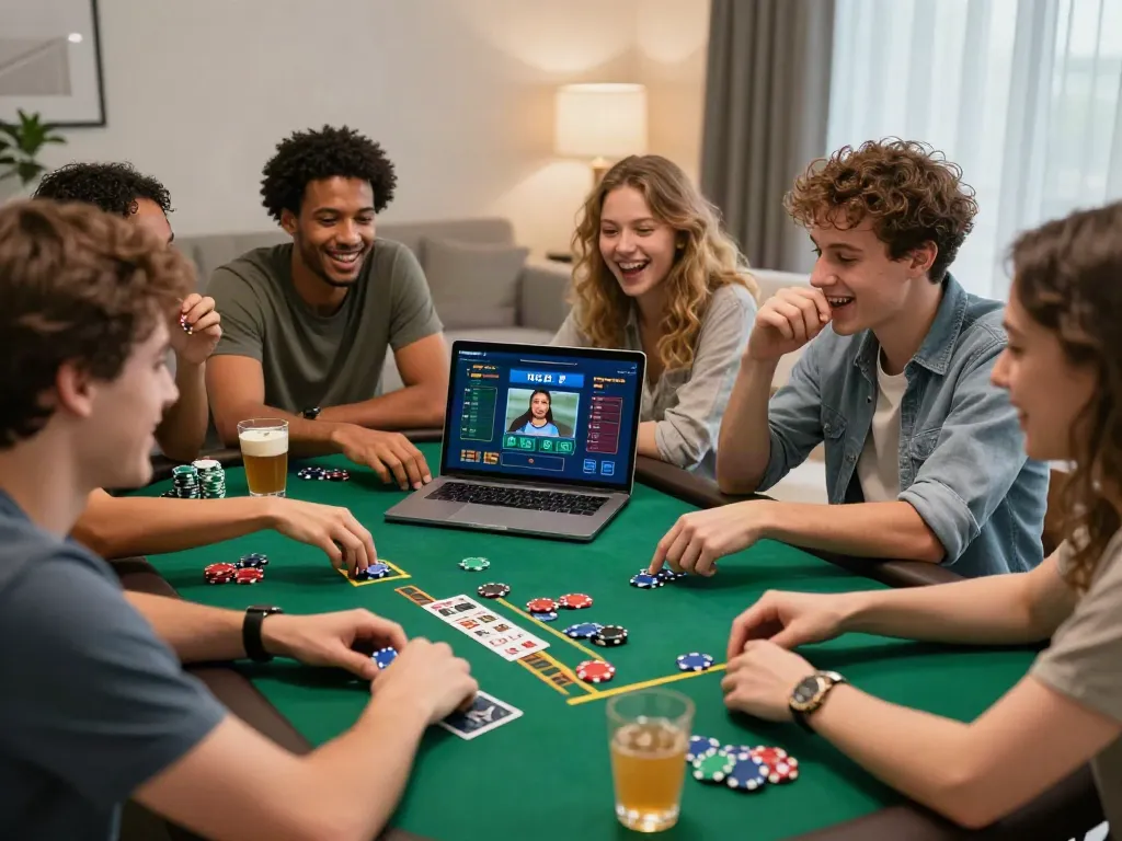 Friends enjoying a game at a uk online casino not on gamstop, sharing laughs and snacks.