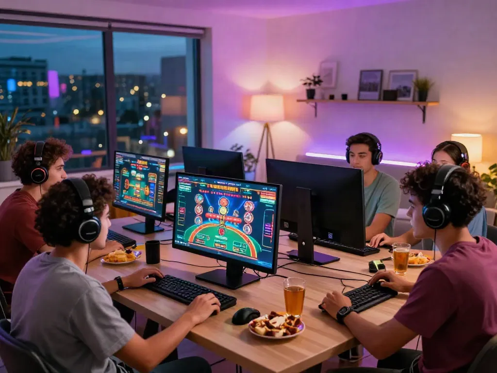 Friends enjoying an online casino game not on GamStop in a modern living room, creating a vibrant gaming atmosphere.
