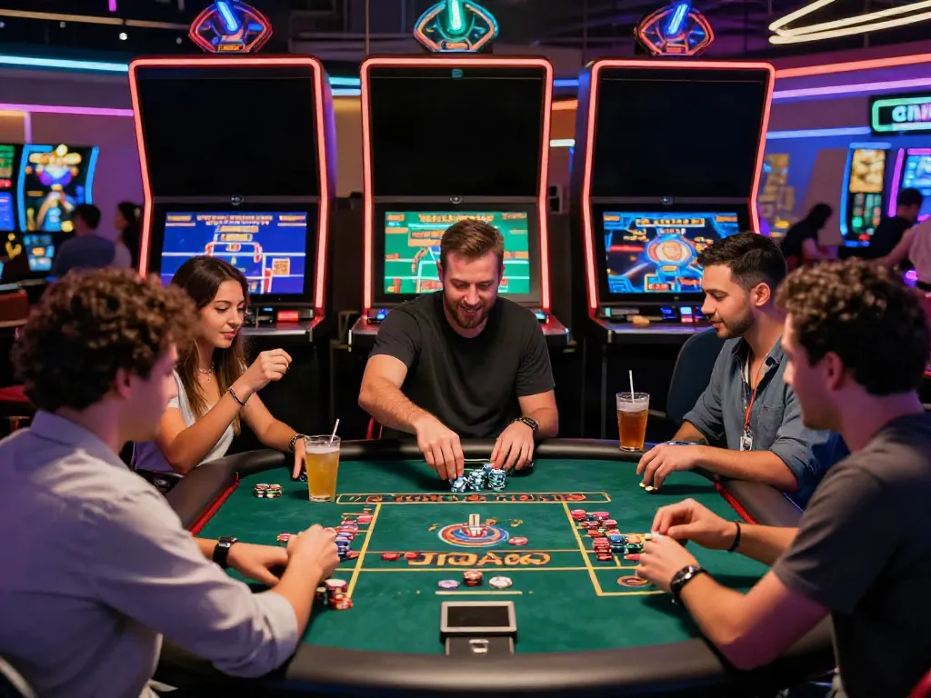 Players enjoying games at a UK online casino not on GamStop, showcasing vibrant energy and technology.