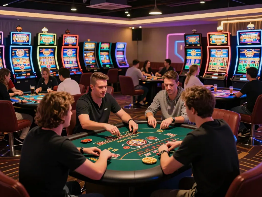 Exciting gaming atmosphere at a UK online casino not on Gamstop, showcasing lively players and vibrant decor.