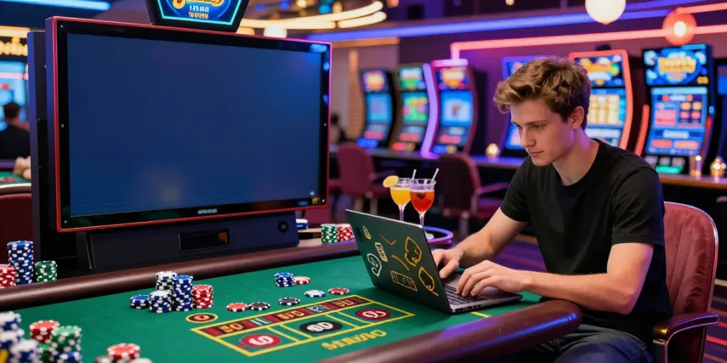 Engaged player in a vibrant online casino not on GamStop, surrounded by colorful chips and neon lights.