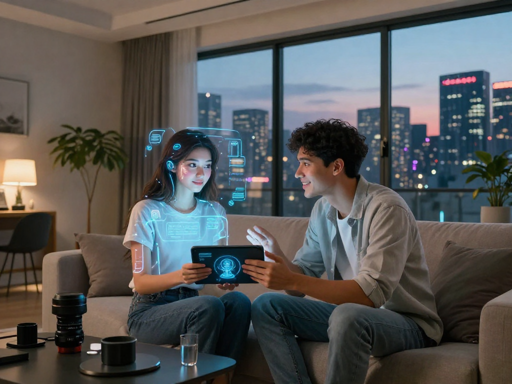Engaging interaction with AI girlfriend hologram in a modern urban living space.