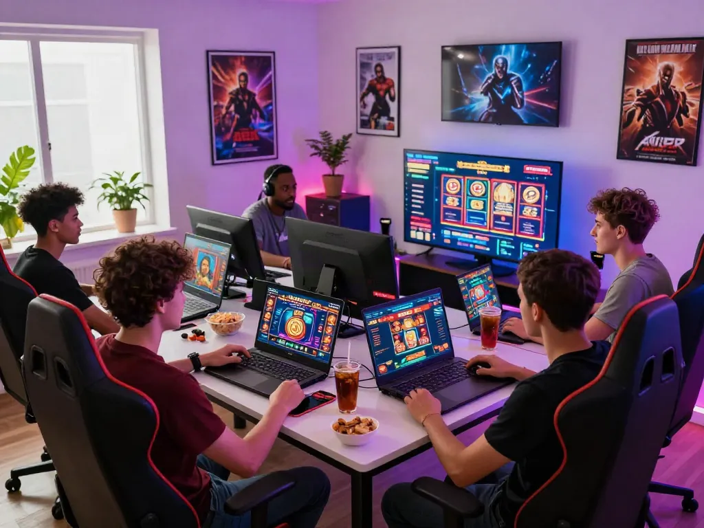 Group enjoying online gaming experience at home with uk online casino not on gamstop games on screens.
