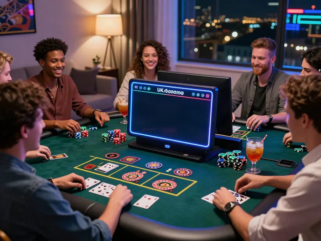 Exciting gameplay at a UK online casino not on GamStop with diverse players enjoying virtual gaming at home, colorful chips and cocktails.