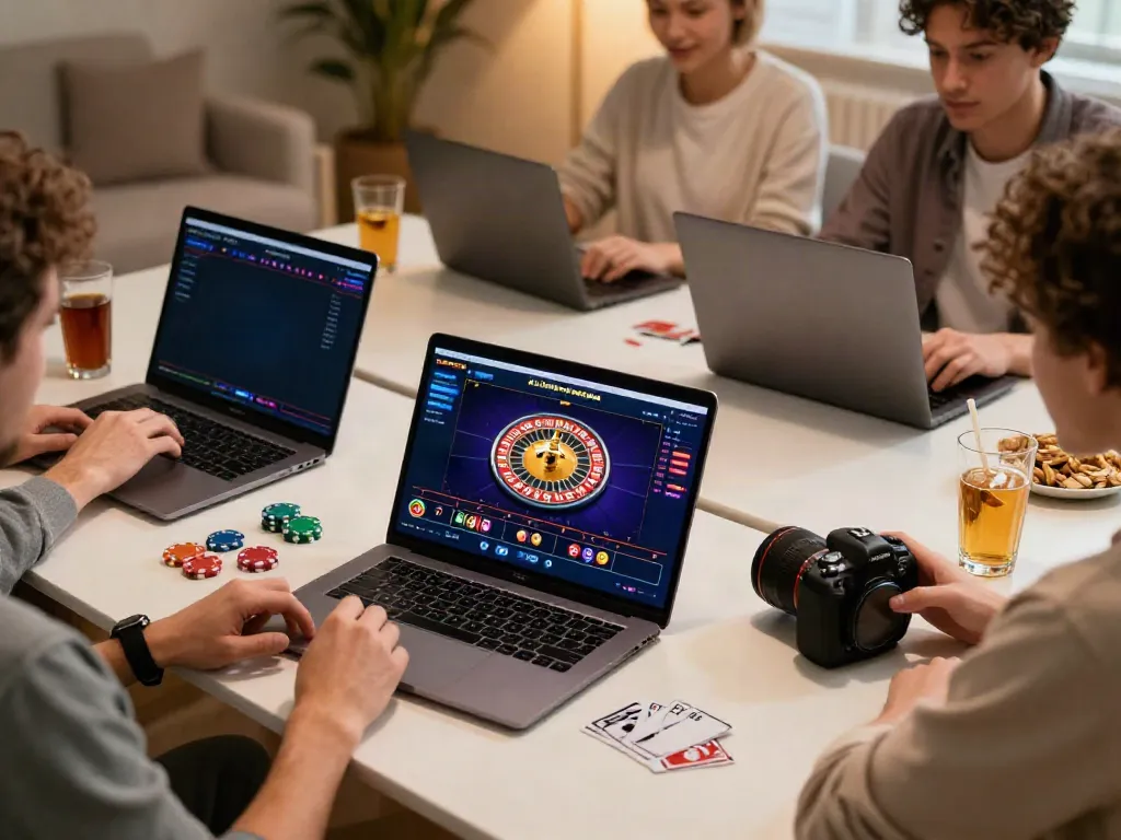 Players enjoying a UK online casino not on Gamstop from the comfort of home, vibrant digital games on display.