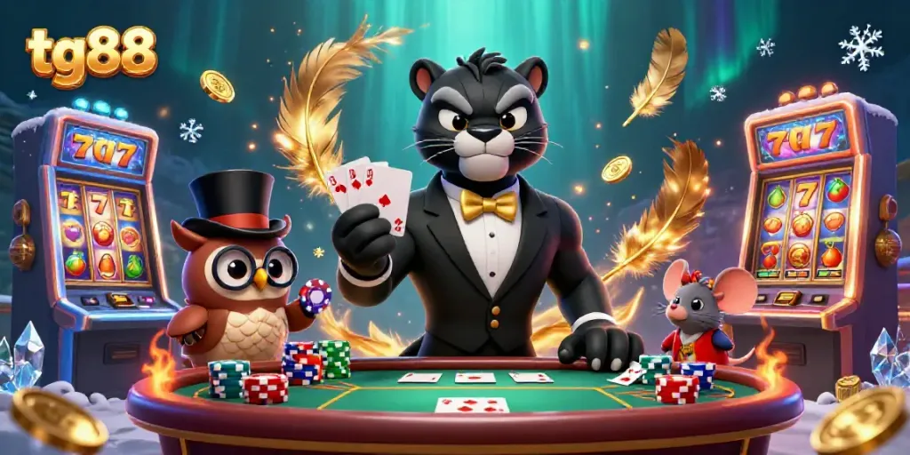 Engaging illustration of tg88 casino scene with a stylish panther dealer, an owl with poker chips, and a lucky mouse amidst slot games.