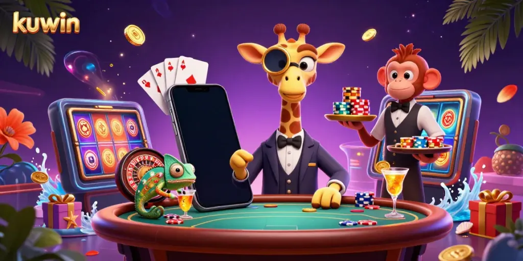 Experience the excitement at kuwin's vibrant casino with a high-roller giraffe and playful characters.