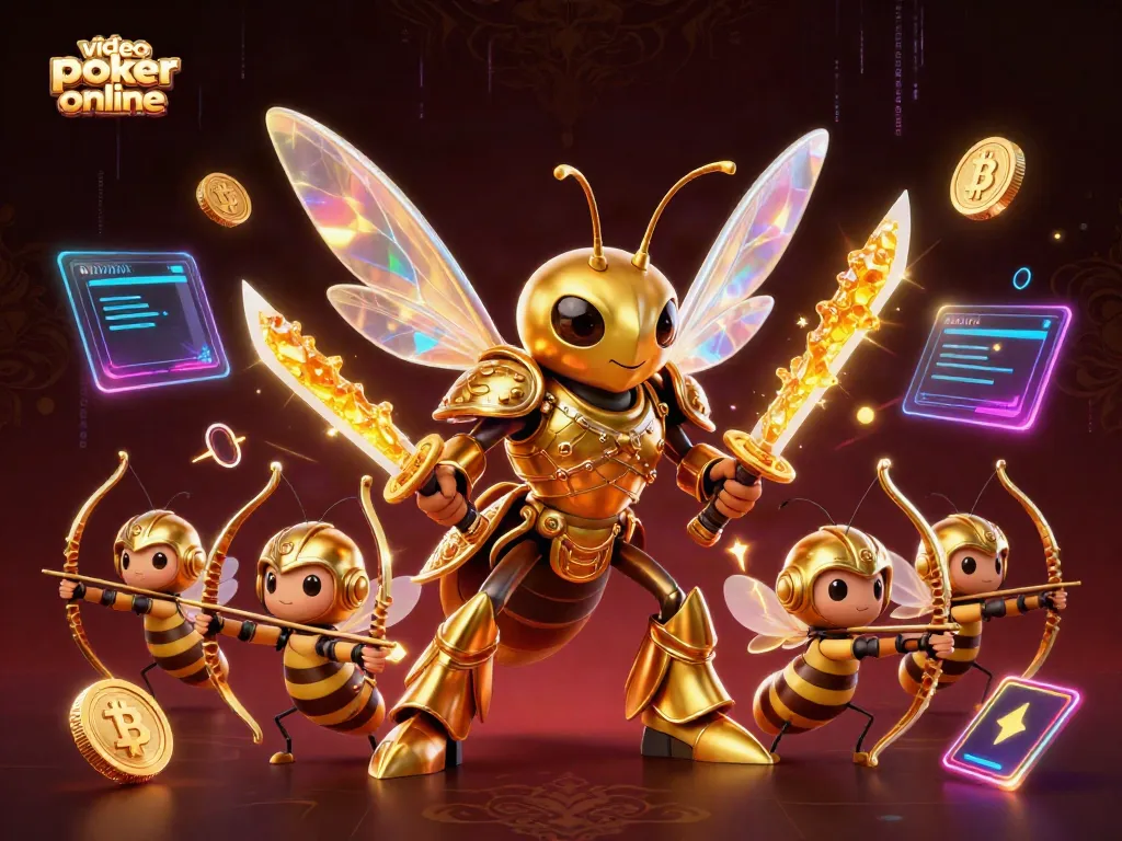 Engage in video poker online with a dynamic 3D illustration showcasing samurai-themed characters and cryptocurrency elements.
