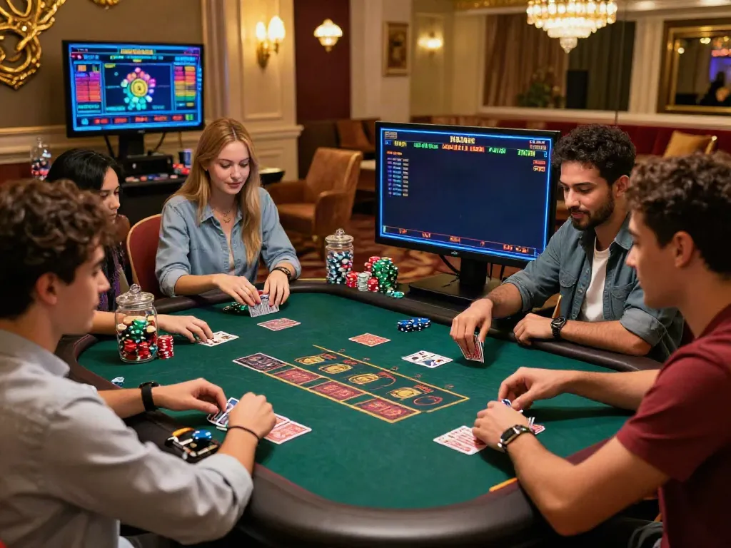 Exciting scene of diverse friends experiencing a uk online casino not on gamstop in a luxurious environment, engaging with games and digital interfaces.