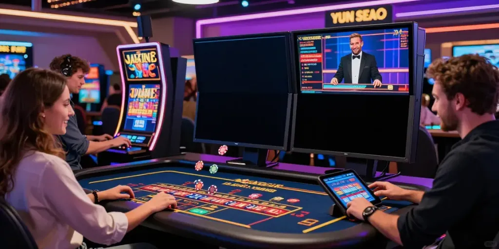Engaging scene of players in a virtual casino, showcasing excitement at uk online casino not on gamstop.