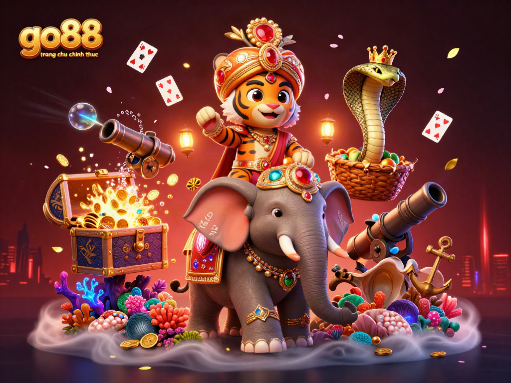 Experience go88 trang chu chinh thuc in a vibrant casino scene with a jewel-encrusted elephant and treasures.