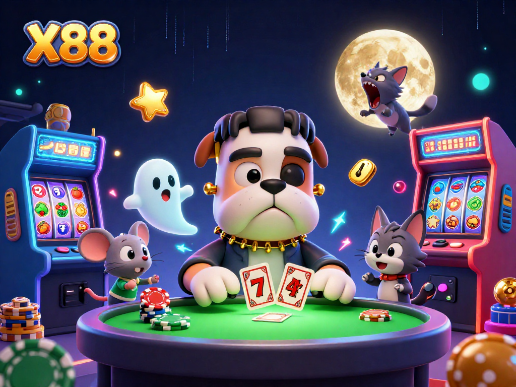 X88 engages players with thrilling card action at a spooky casino table, enriched by vibrant gaming elements.