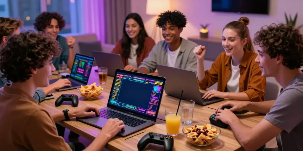Friends enjoying a live game at a uk online casino not on gamstop in a cozy home setting.