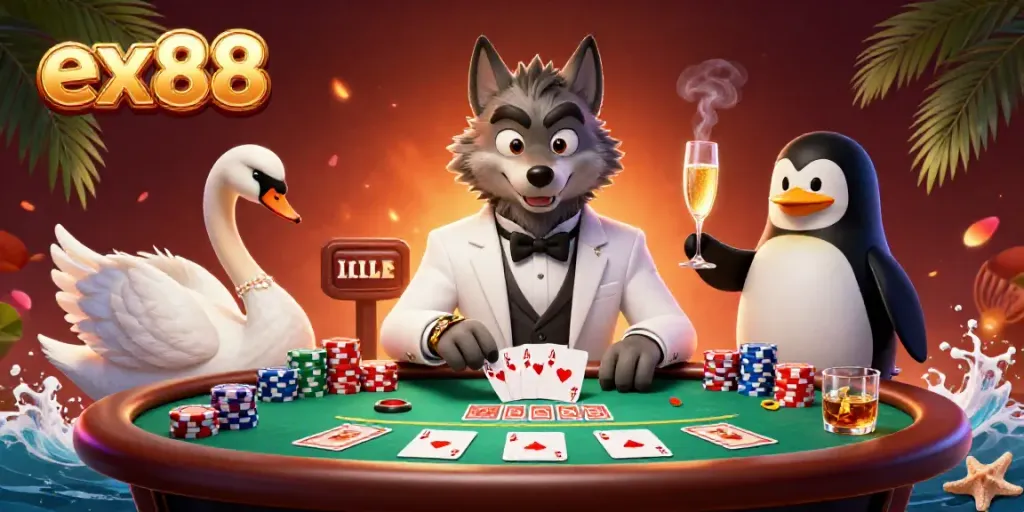 Experience the excitement of ex88 with a debonair wolf, elegant swan, and sophisticated penguin at a dynamic baccarat table.