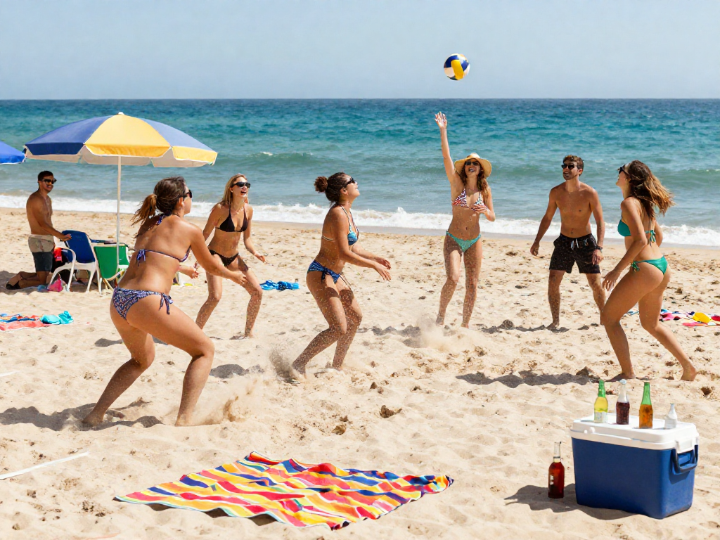 Friends wearing trendy bikinis enjoying a sunny beach day with playful activities, showcasing BIKINISLOT lifestyle.