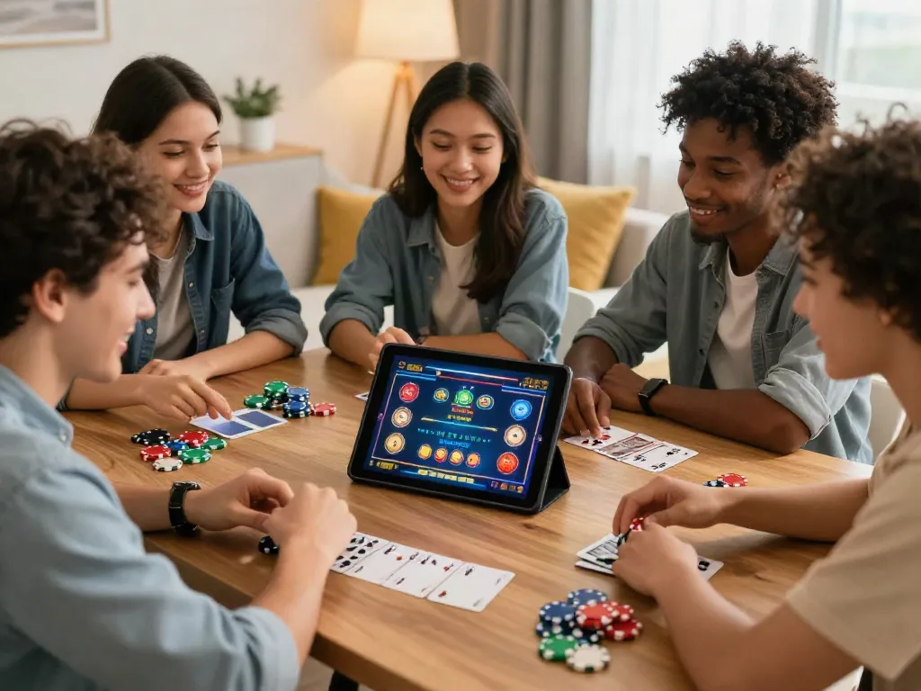 Friends enjoying a lively evening playing at a uk online casino not on gamstop, with colorful chips and a tablet showing games.