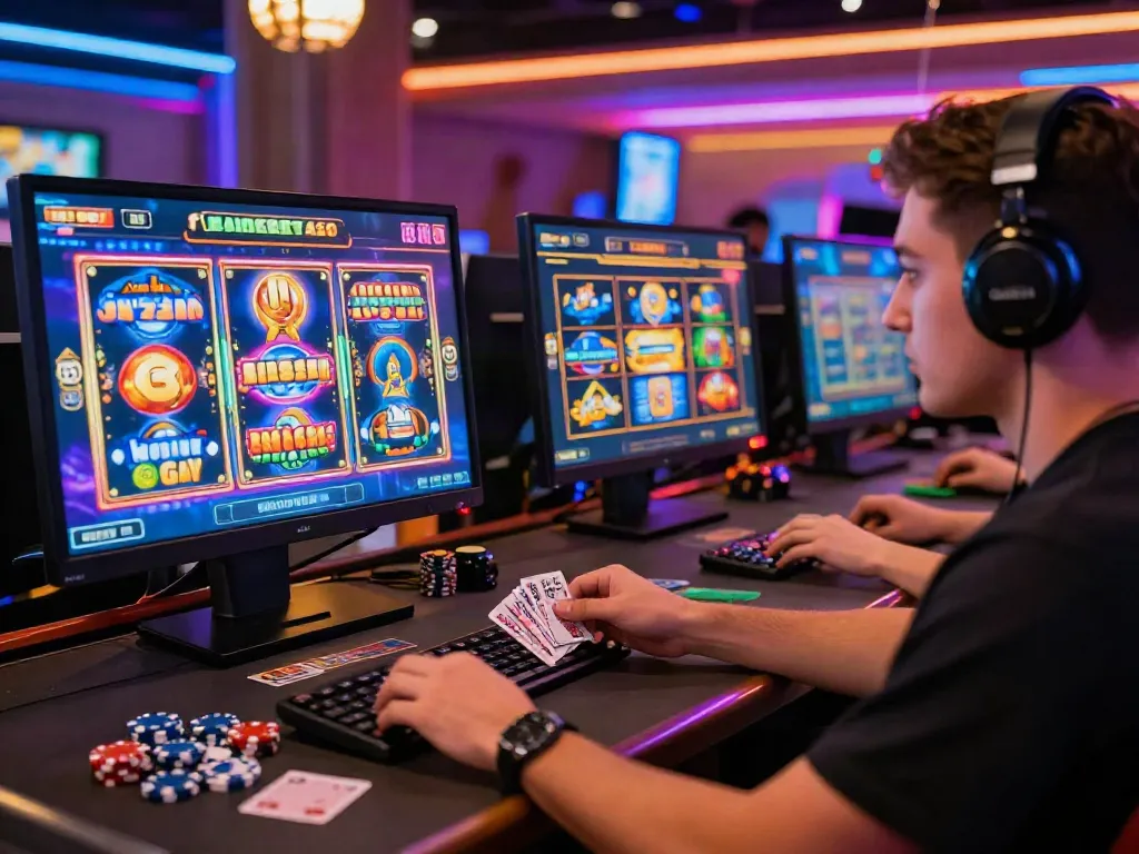 Player engaged at a vibrant online casino not on GamStop, showcasing colorful gaming interface.