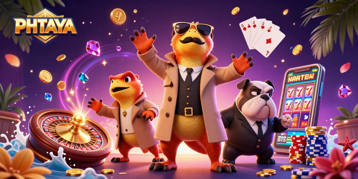 PHTAYA raptors sneaking into VIP casino with golden coins and poker chips, showcasing gambling excitement.