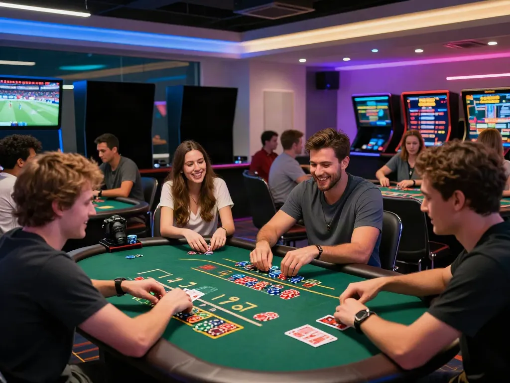 A lively scene at an online casino not on GamStop with friends enjoying gaming, colorful lights, and exciting atmosphere.