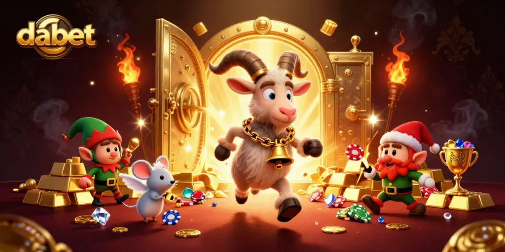 Dabet's festive casino scene with cartoon Krampus, angel mouse, and elf gremlins stealing chips.