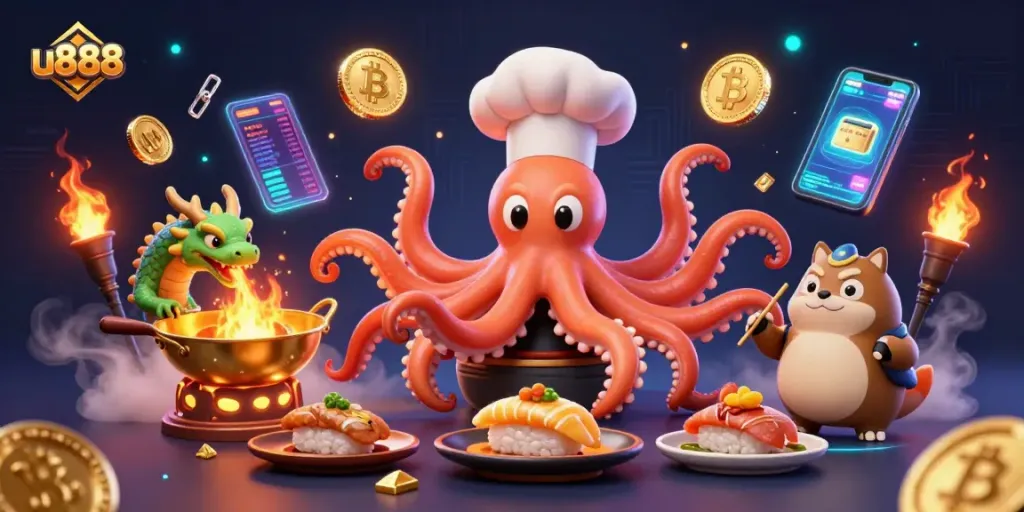Experience excitement at u888 casino with a vibrant illustration showcasing unique characters and crypto-themed elements.