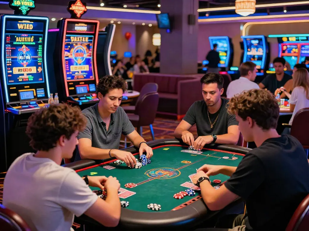 Exciting atmosphere at a UK online casino not on GamStop with players enjoying table games and vibrant lights.