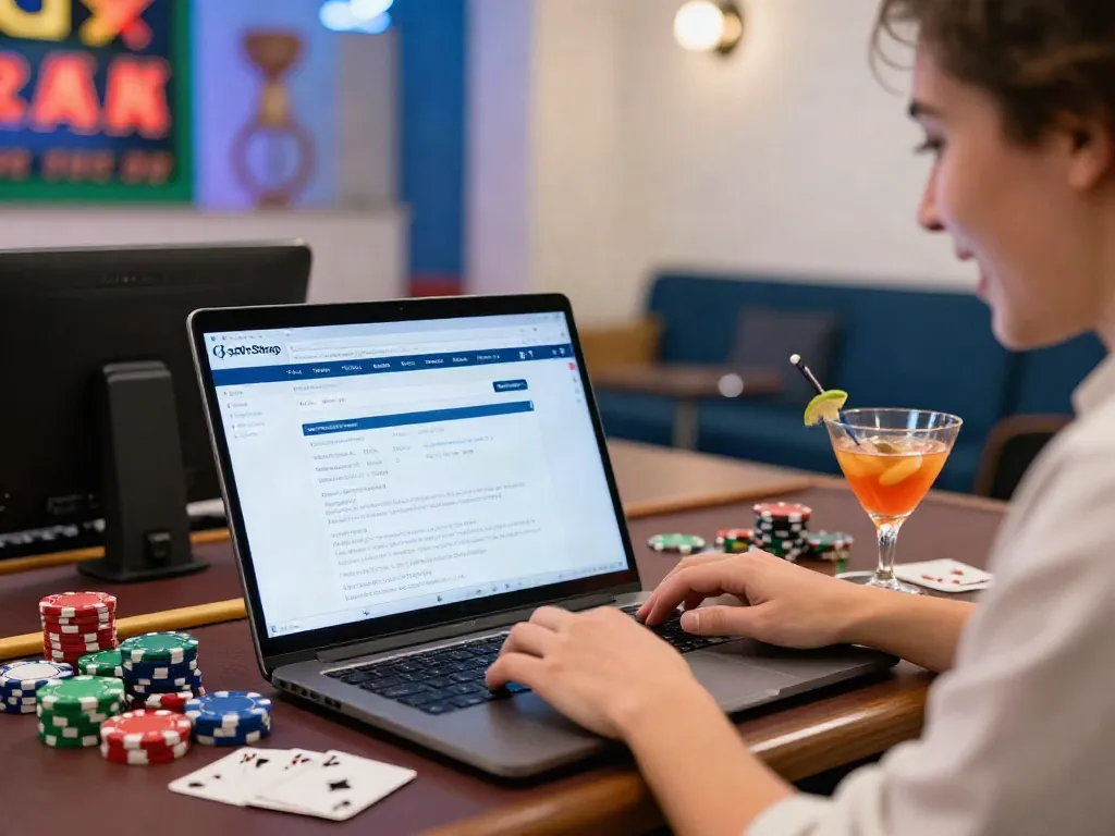 The scene showcases a laptop offering uk online casino not on gamstop options surrounded by casino decor, creating an exciting atmosphere.
