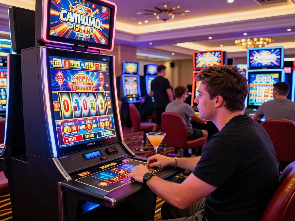 Engaging player at a UK online casino not on Gamstop enjoying slot games in a vibrant, lively atmosphere.