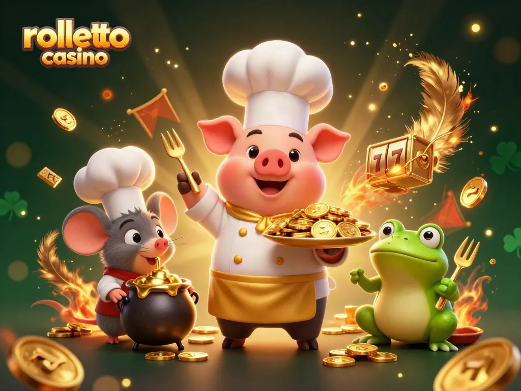 Experience the rolletto casino with lively characters enjoying golden coins and vibrant gambling elements.