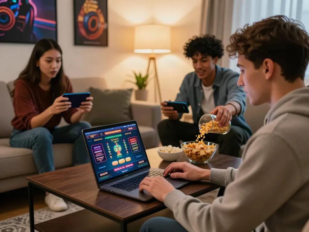 Friends enjoying a UK online casino not on Gamstop in a cozy living room.