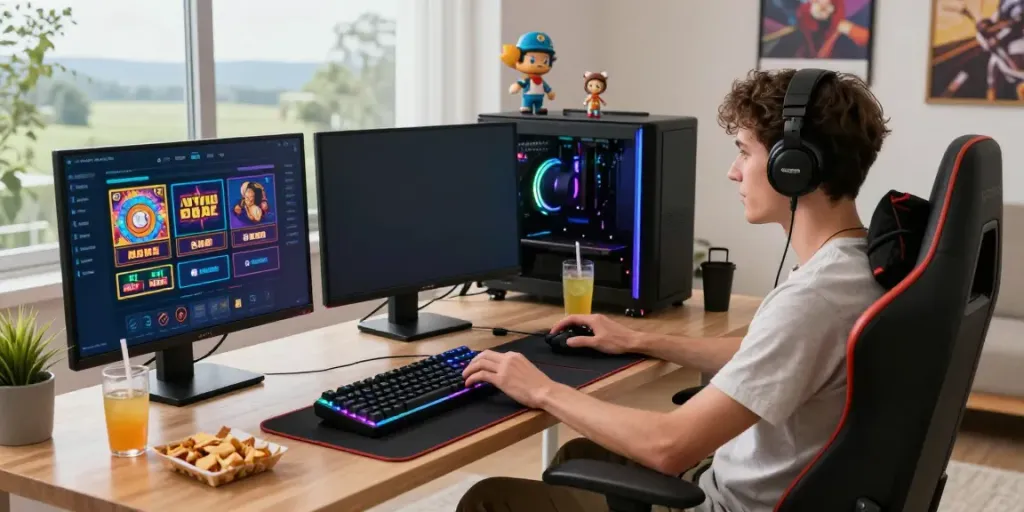 Engaging gaming setup for a UK online casino not on GamStop featuring multiple screens and colorful peripherals.
