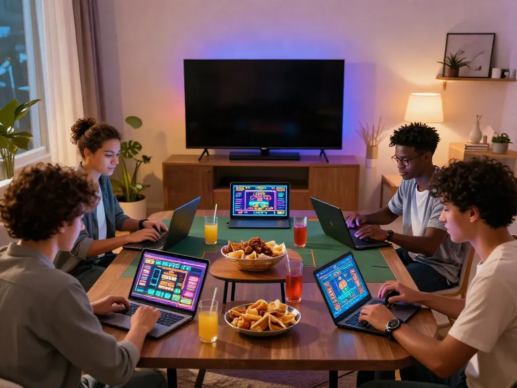 Friends enjoying uk online casino not on gamstop with laptops and snacks.