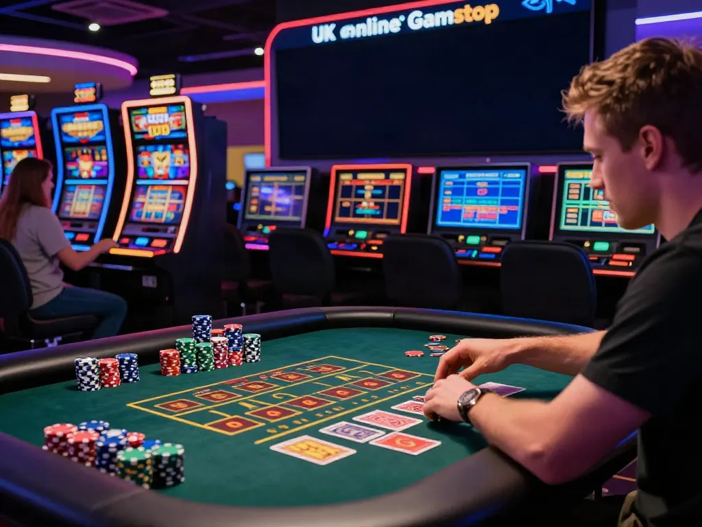 Player enjoying a game at a UK online casino not on GamStop, surrounded by vibrant lights and gaming options.