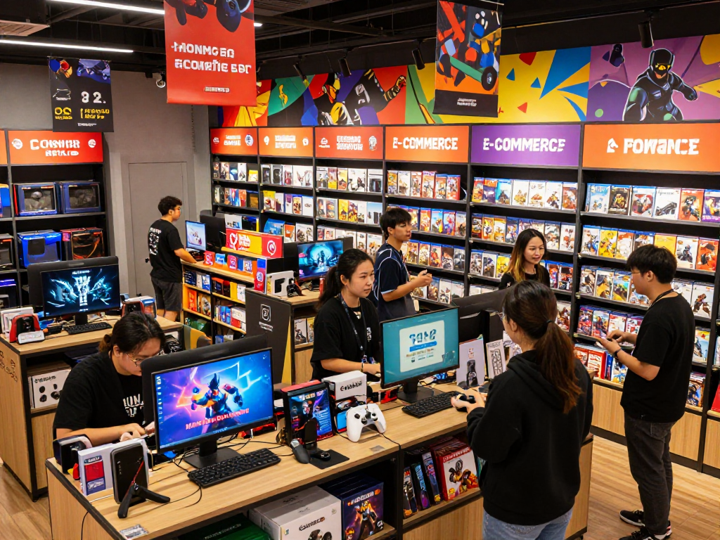Customers engage with rokok88 login while exploring a vibrant gaming store.